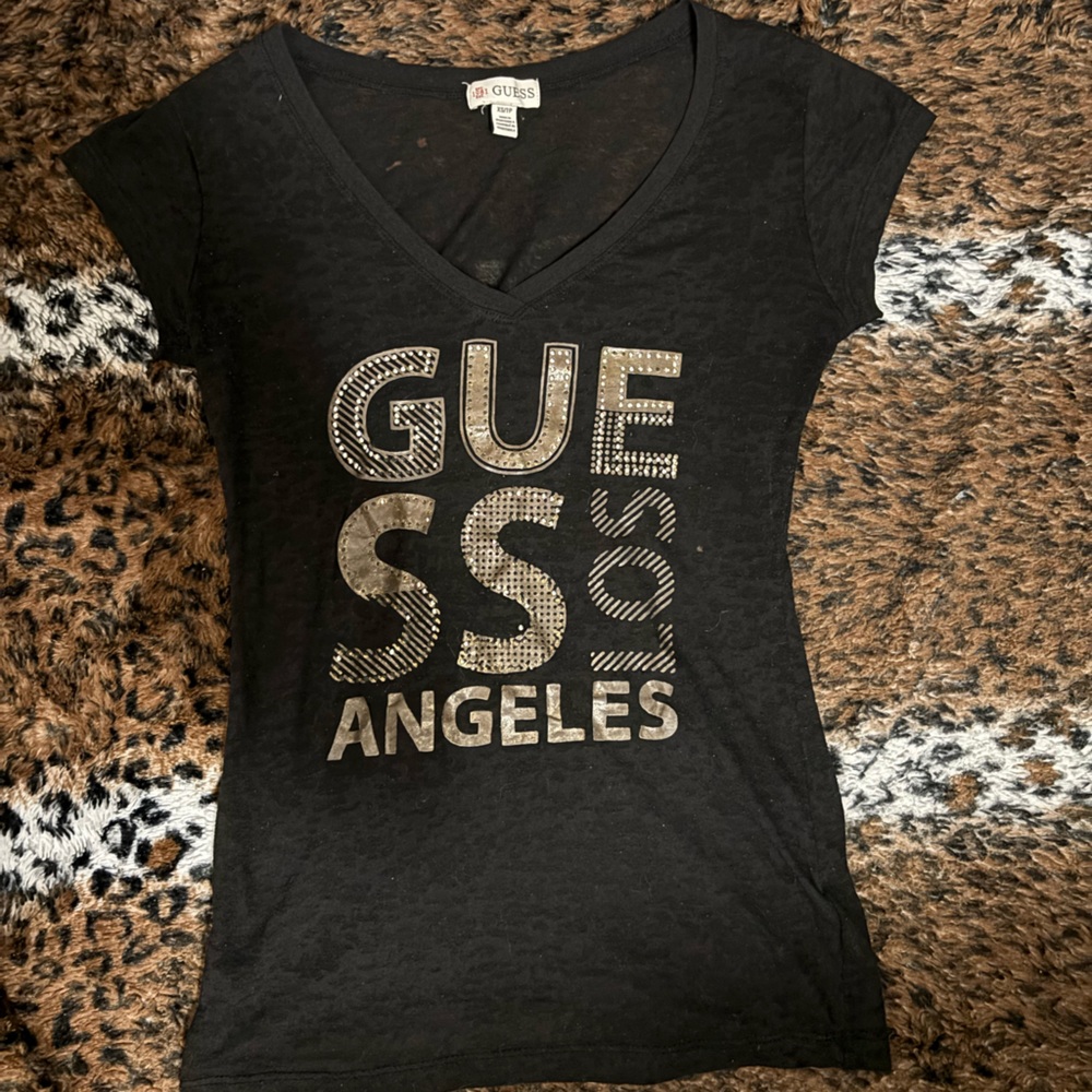GUESS Black Mesh V-Neck Tee with Metallic Gold 'Los Angeles' Graphic